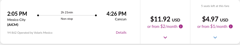 Volaris - Mexico City to Cancun $11.92 on Wednesday, October 19