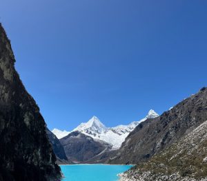 Huaraz, Peru - Laguna Paron, one of many high-mountain lakes in the area, and the peaks of the Cordillera Blanca in the background